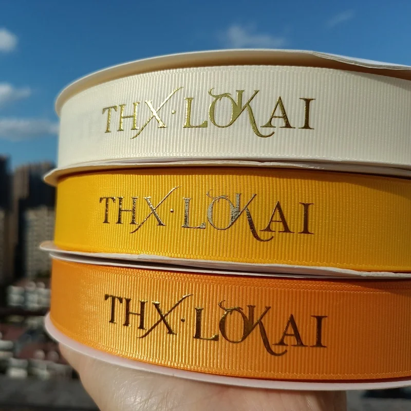 Factory Customised Washable Gold Sliver Foil Brand Logo Printed 25mm Black Grosgrain Ribbon