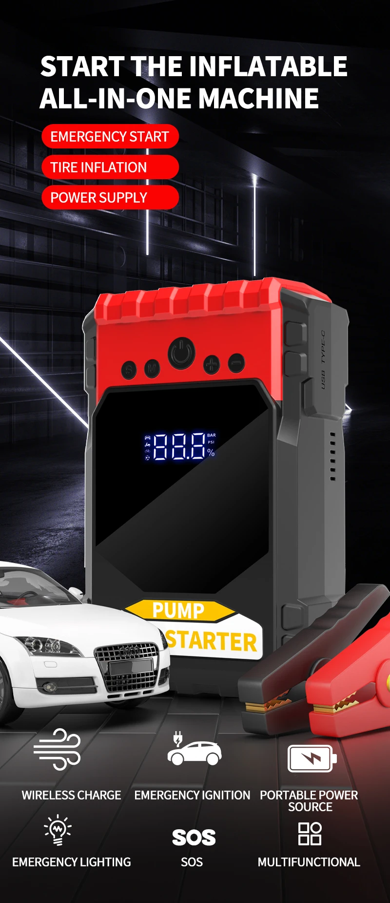 12 24 Volt Emergency Portable Jump Starter with Air Compressor 1000A Power Bank Tire Inflator Pump 12V Starting Device Car Boost