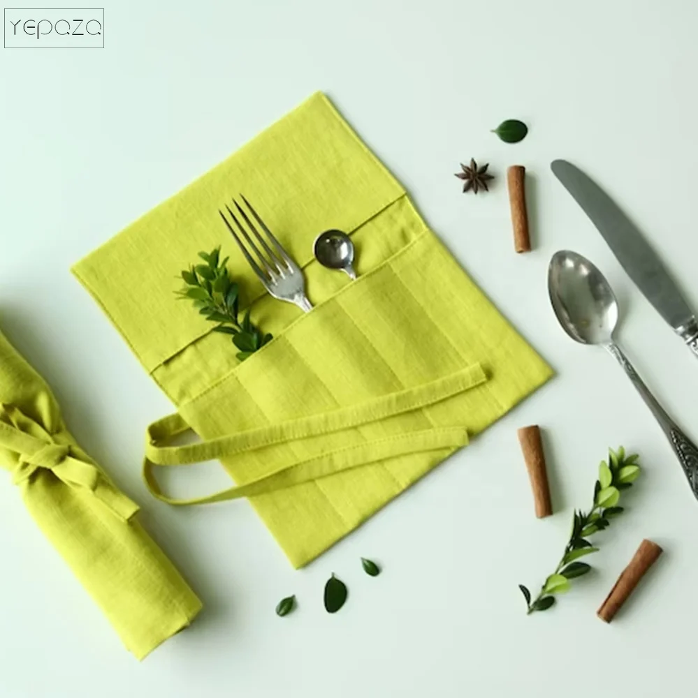 Reusable Utensil Holder Bag Linen Cutlery Roll Picnic Wrap Case