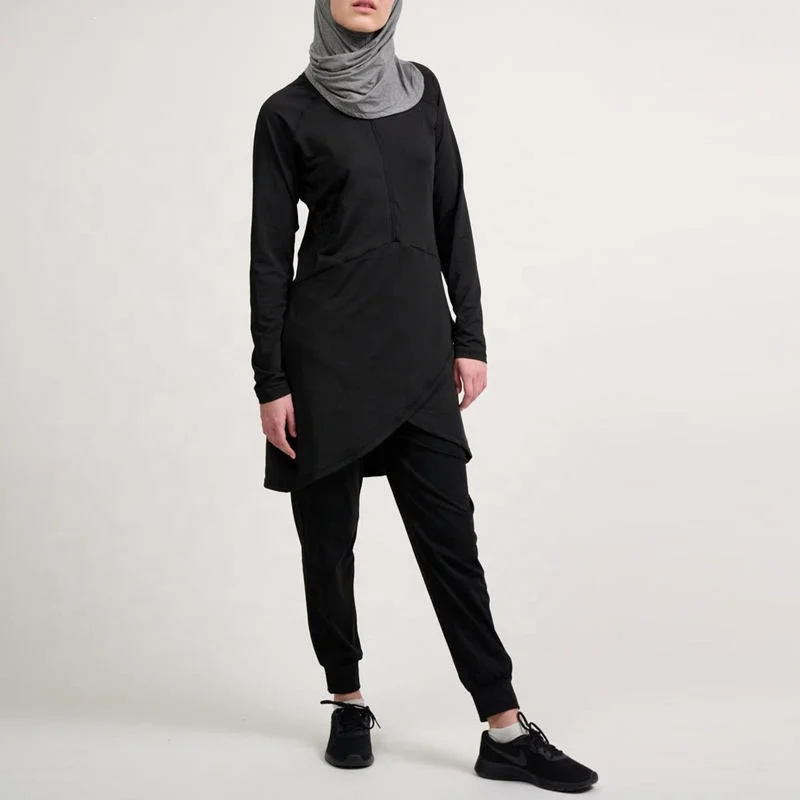 Quick Dry Islamic Modest Wear Muslim Outfit Long Sleeve Tops Sportswear Wholesale Womens Muslim Knitted Abaya Gym Clothes
