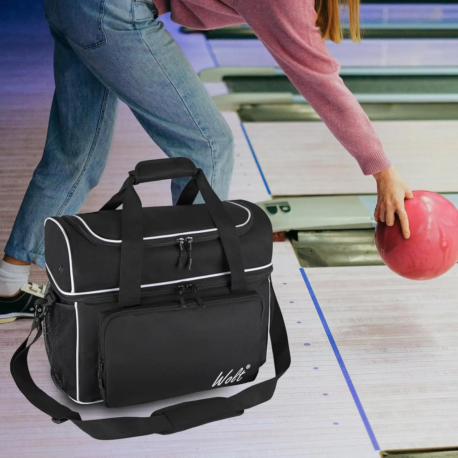 WOLT Bowling Ball Bag for 2 Balls with Padded Ball Holder- Fits Bowling Shoes bowling accessories