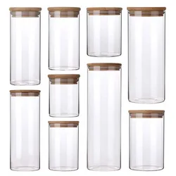 wholesale 6.5cm 10cm airtight kitchen food storage spice jars glass containers for food storage with wooden bamboo lid