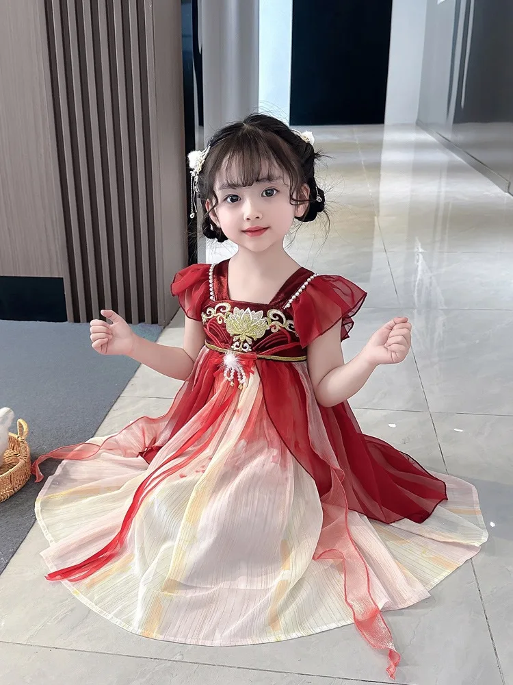 2024 Red EMB Floral Pattern Chiffon Hanfu Dress for Little Girls Traditional Chinese Pearl Decor Tang Dress for Summer Parties