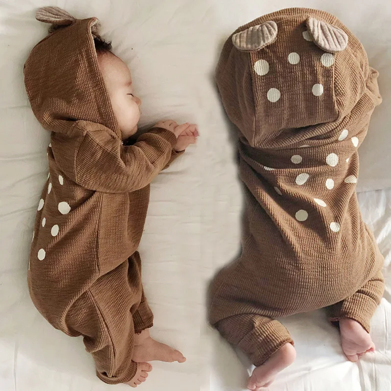 Deer pattern toddler warm hoodie jumpsuit with hat long sleeve Spring Autumn baby romper clothes