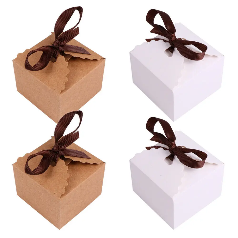 High End Custom Made Simple Design Brown white Kraft Paper Package Square Surprise Gift Box With Lid Ribbon Custom