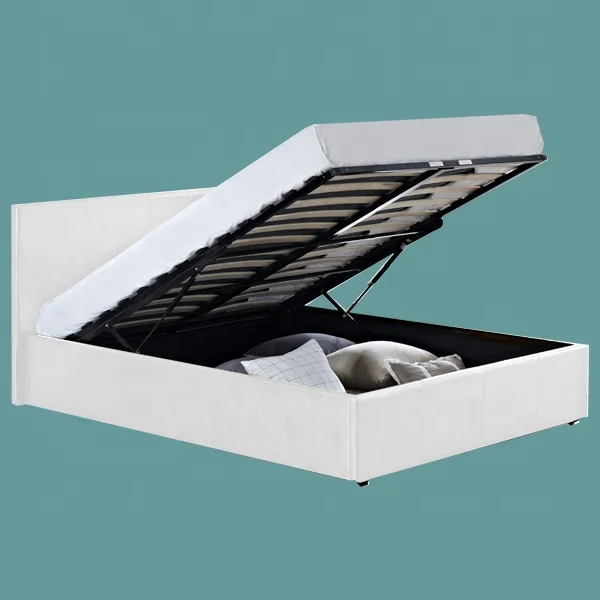 Bedroom Hotel Apartment Dormitory  white color double queen king storage Ottoman faux leather wooden  bed with gas lift