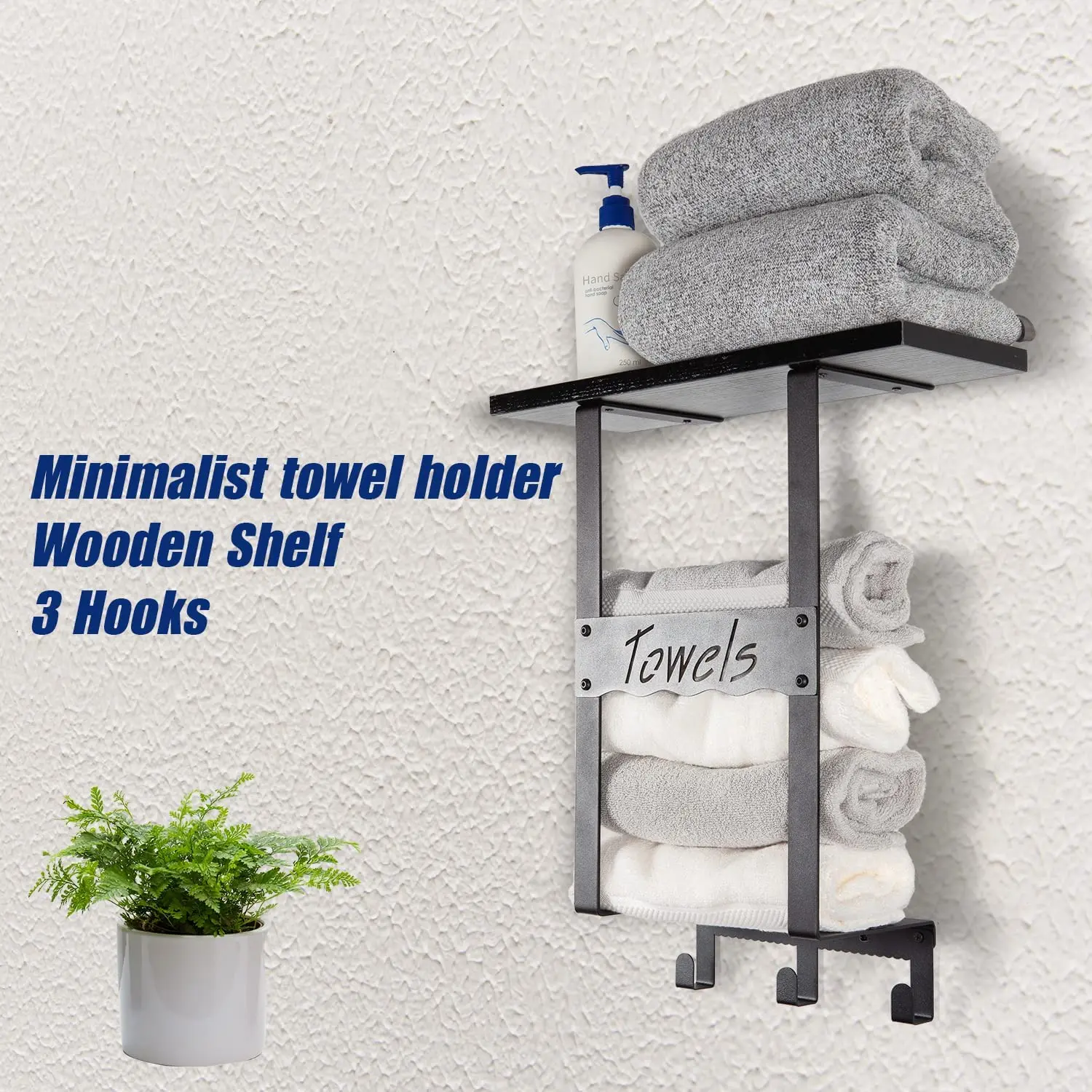Metal Towel Holder for Bathroom Wall with 3 Hooks and Wooden Shelf - Matte Black Towel Racks for Bathroom