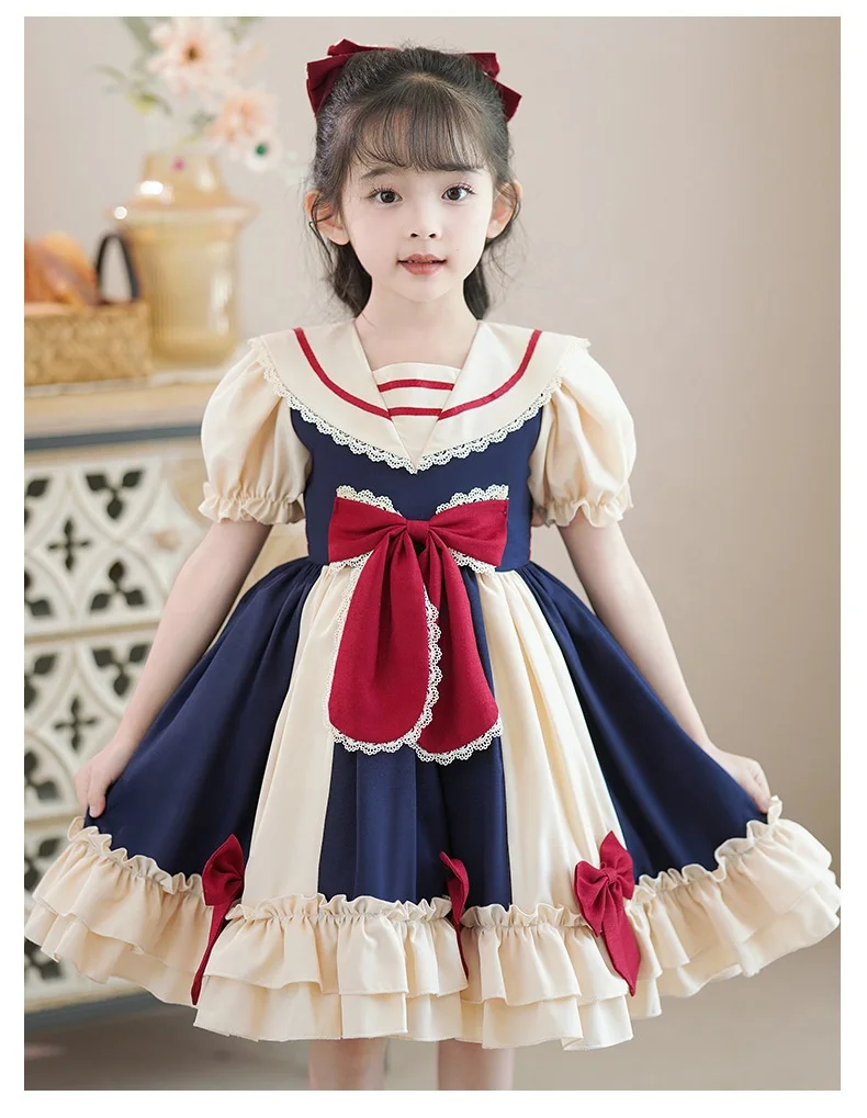 Lolita Princess Dress Kawaii Long Sleeves Sweet Girl Chiffon Fancy Dress with Bow Blue