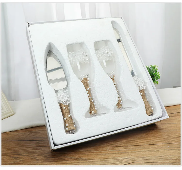 Wholesale cake knife set clear glass goblet wedding champagne glasses set