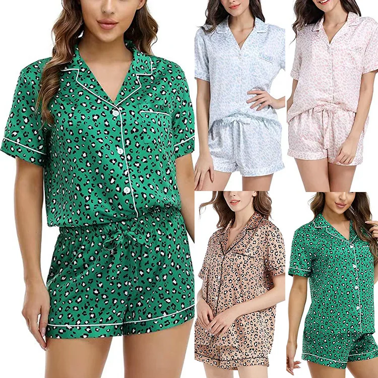 Dropshipping satin silk sleep wear leopard print pajamas shorts set