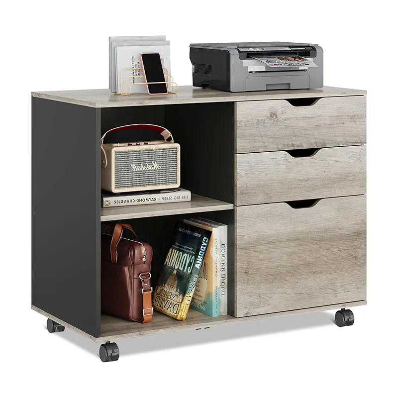 Mobile Printer Stand with 3-Drawer Wood Lateral File Filing Cabinet with Open Storage Shelves for Home Office