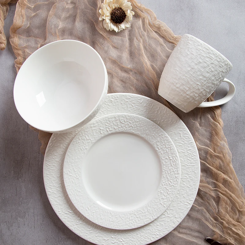 wholesale restaurant hotel party embossed porcelain dinner plates vintage ceramic dinnerware sets white luxury wedding