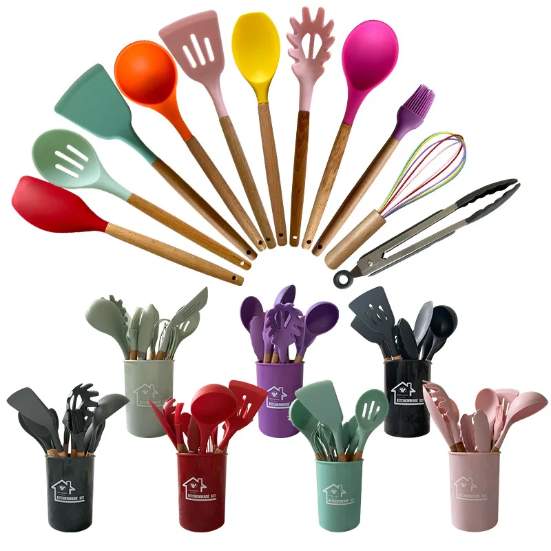 12pcs/set Silicone Kitchenware Unique Products Utensils Kitchen Appliances Cooking Set With Wooden Handle