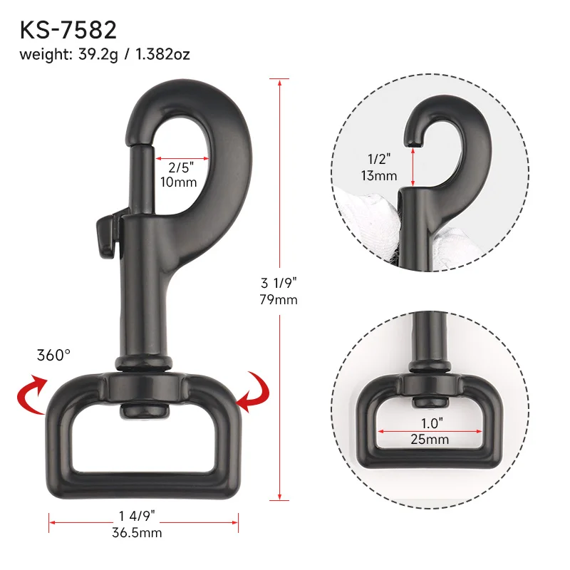 Heavy Duty Eye Bolt Snap Hook 25 mm Glossy Black Swivel Clasp Dog Horse Lead Hook 1 Inch Metal Swivel Snap Hook for Dog Leash