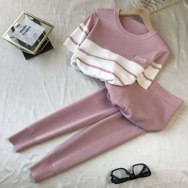 Soiling Hot sales color blocking casual street wear o neck short sleeve knit blouse women 2 piece pants set