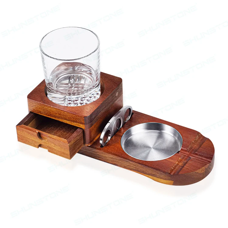 Wholesale High Quality Wooden Cigar Ashtray Accessories Set With Whiskey Glass Cup Novelty Gift Set For Men