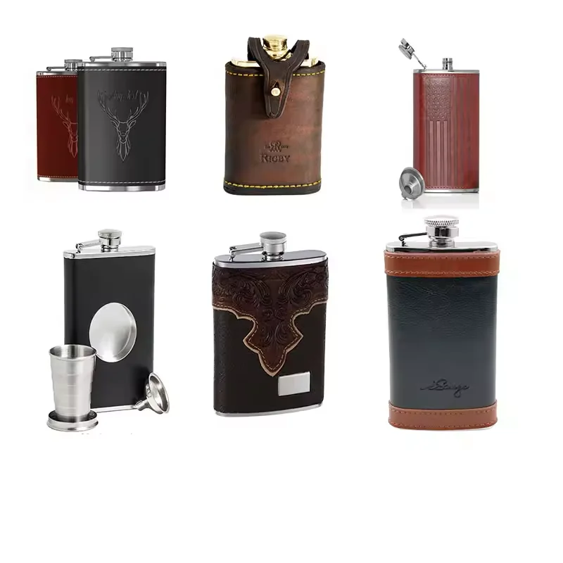 Wholesale custom camping 5oz 6oz 7oz 8oz personalised wholesale whisky leather hip flasks