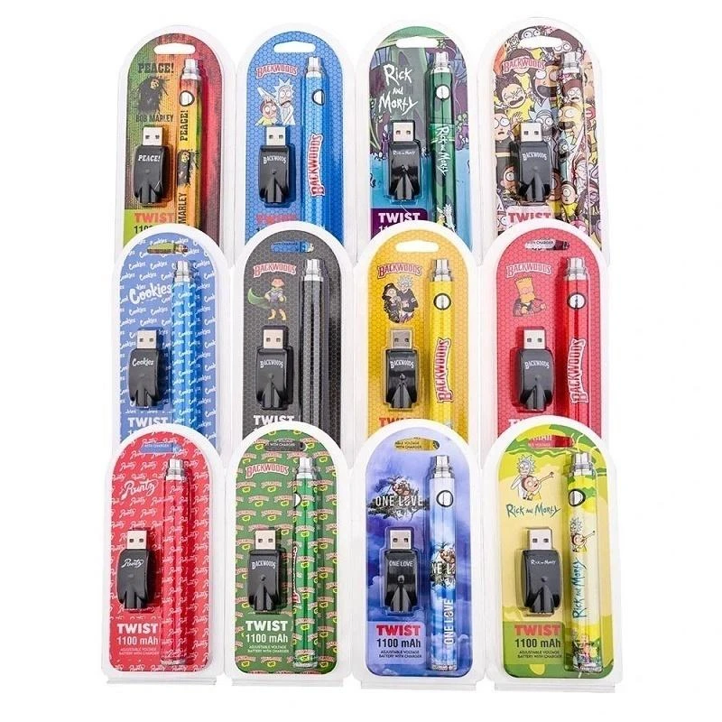 
Hottest cbd cart battery 1100mah cartoon design cookies twist preheat battery blister package 