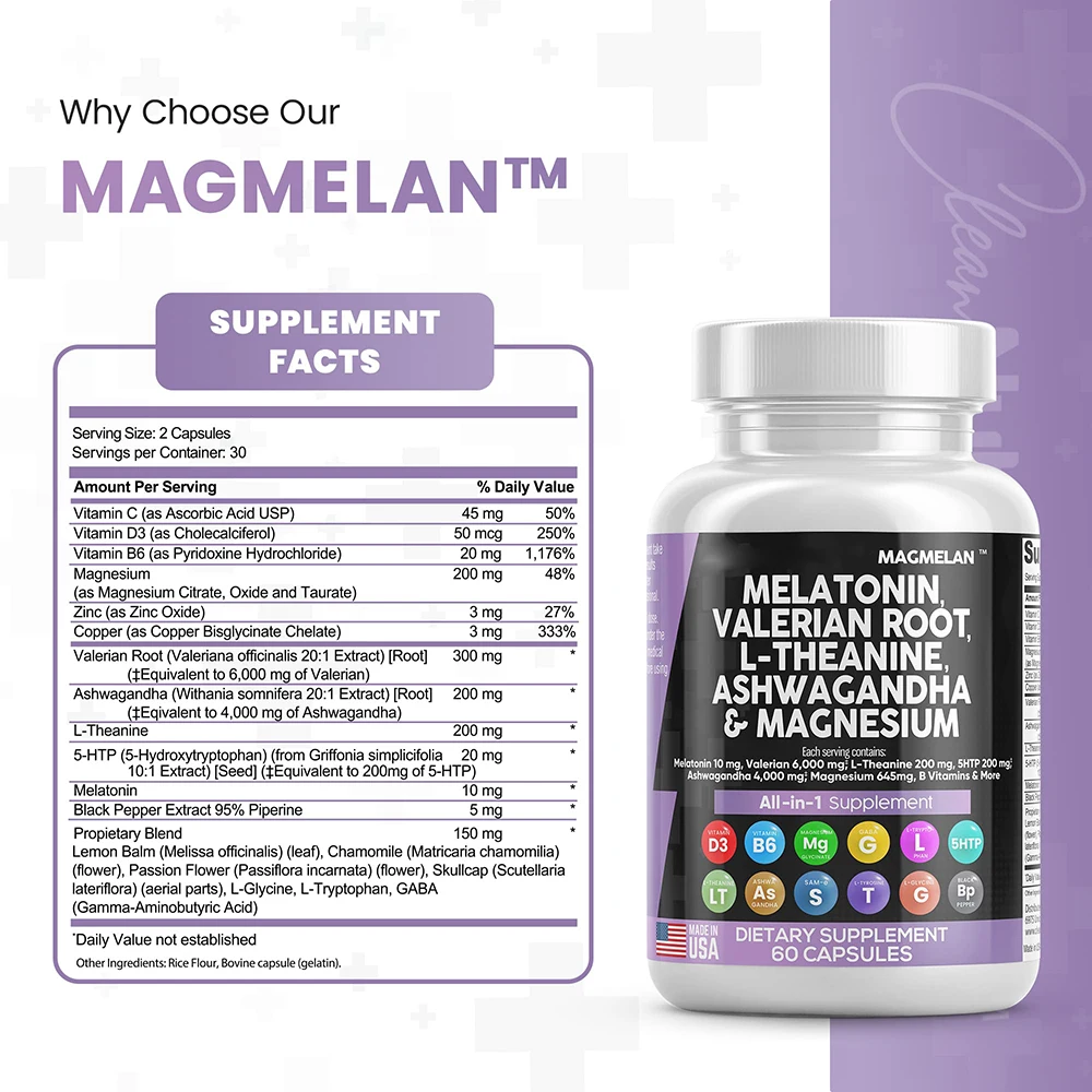 Ashwagandha Capsules Valerian Root L-Theanine magnesium Capsules ALL IN ONE Melatonin Capsules With FAST SHIPMENTS