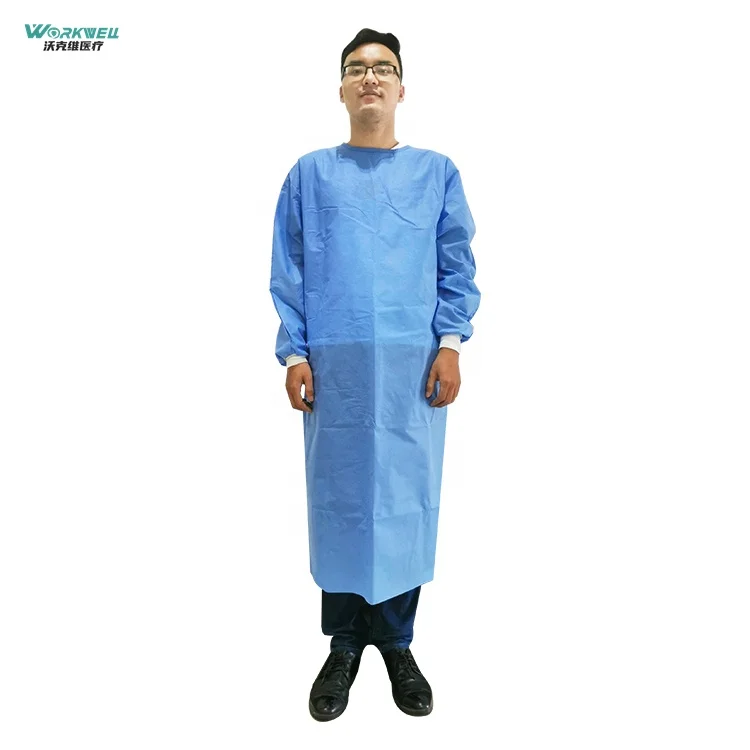 ASTM F1671 Disposable SMS blue Surgical Gown 40g Full back with ties used for Doctor Reusable Isolation gown EN1073