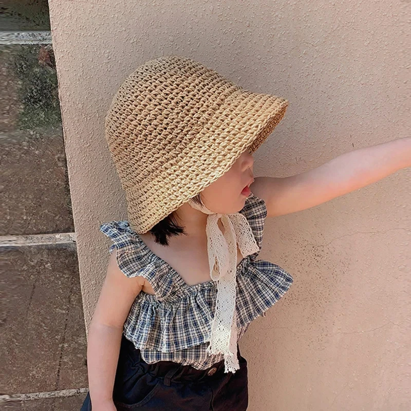 Summer Baby Straw Hat for Girls Boys Beach Travel Kids Bucket Hats Adjustable Lace Windproof Rope Fashion Accessories 2-6Y