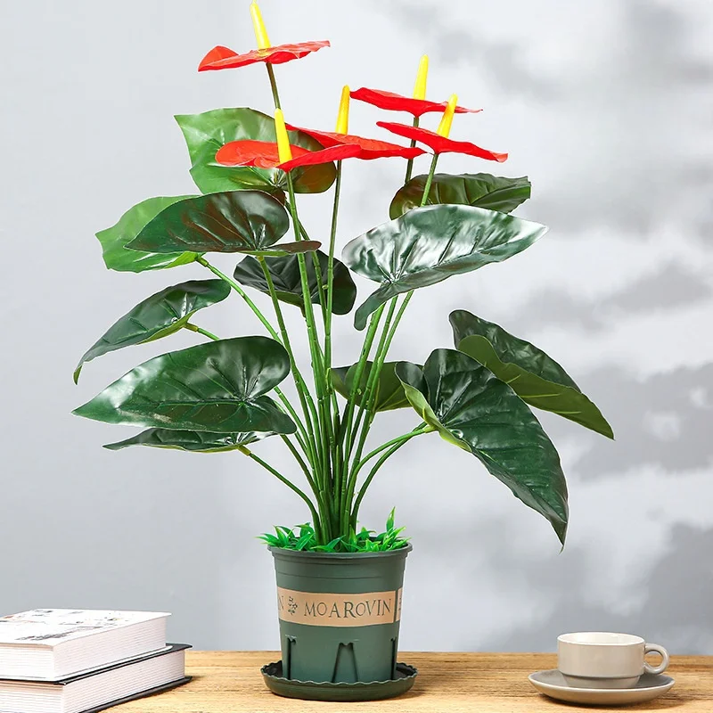 Home decoration wholesale green anthurium plants 18 head 5 artificial flowers simulating silk anthurium red