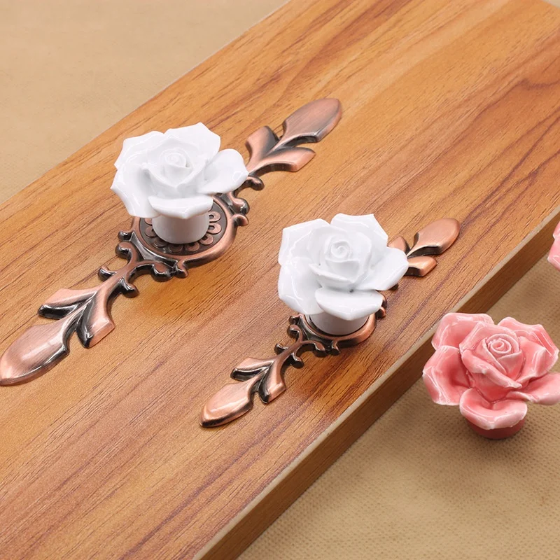 2023 wholesale rose ceramic flower cabinet knobs with green bronze backplate vintage kitchen drawer pull handle screws included