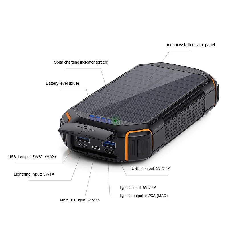 Outside portable 20000mAh QI Wireless charger Solar charger power bank LED flashlight