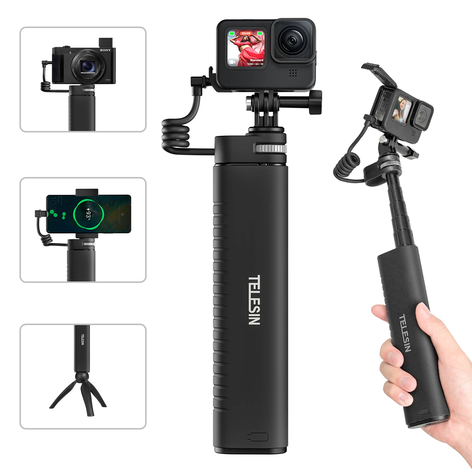 Telesin 18W PD Charger 10000mAh Rechargeable 0.9m Selfie Stick for GoPro/Mobilephones