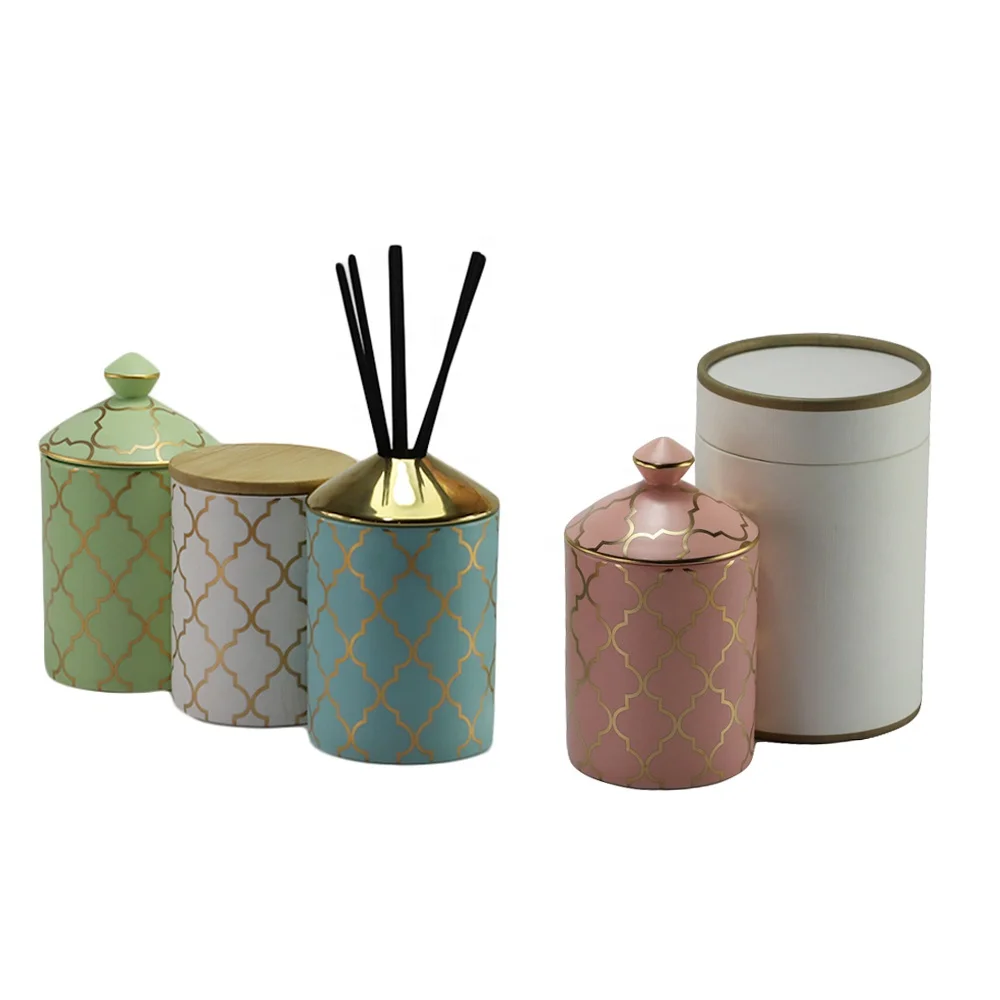 Candle Container Ceramic Reed Diffuser Bottle Custom Empty Aroma Diffuser Vessel Jars With Fragrance Black Rattan Sticks And Box