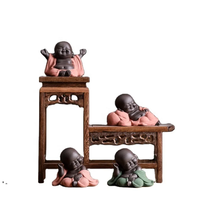 Smile Little Monk  Handmade Tea Ornaments Small pink green Ceramic Laughing Buddha Statue