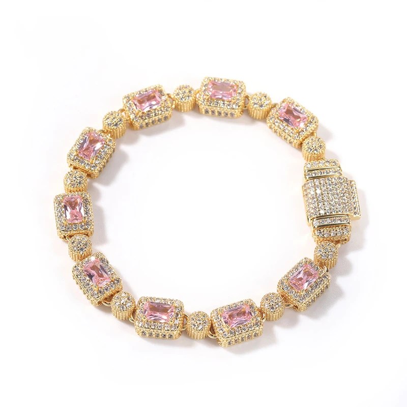 Direct Sales Wholesale Price Gold Silver  Bracelet Hip Hop Pink White Zircon Bling Bracelet