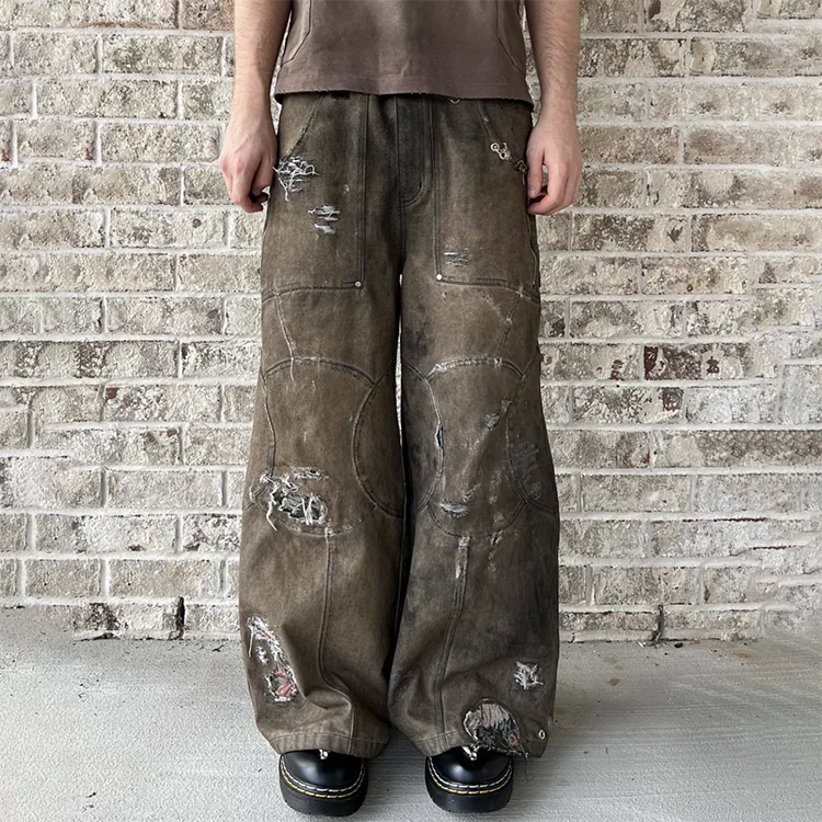 EDGE DENIM Custom vintage washed distressed stacked baggy jeans men