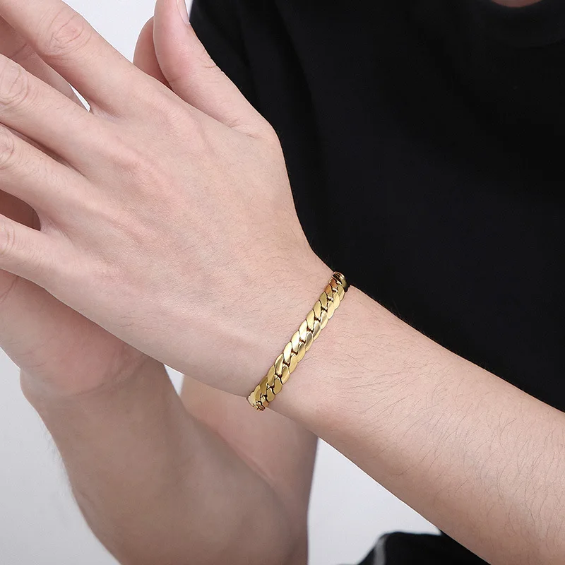 New Fashionable Simple Stainless Steel Gold Atmospheric Electroplating Flat Encryption NK Chain Bracelet Jewelry for Men