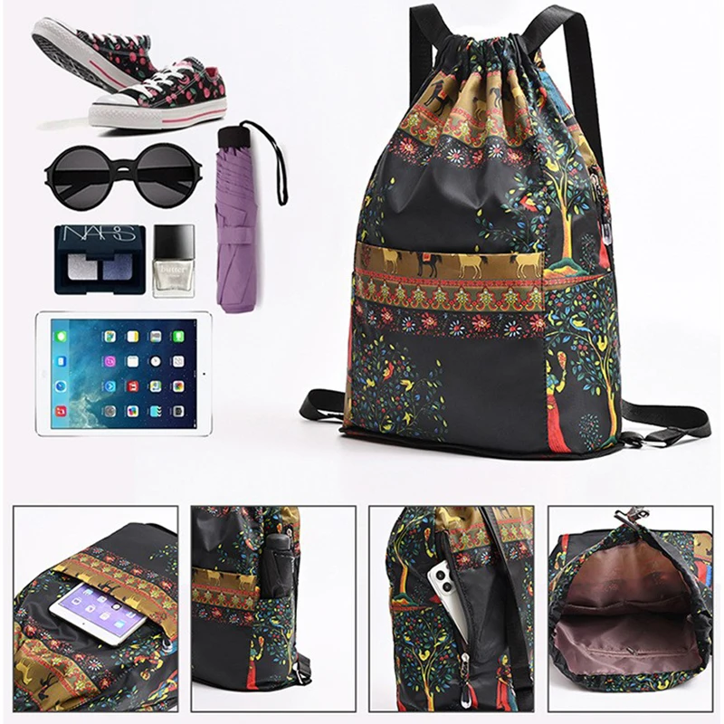 Hot Sale Eco-friendly Durable Foldable Travel Drawstring Backpack Canvas Drawstring Knapsack with Pocket