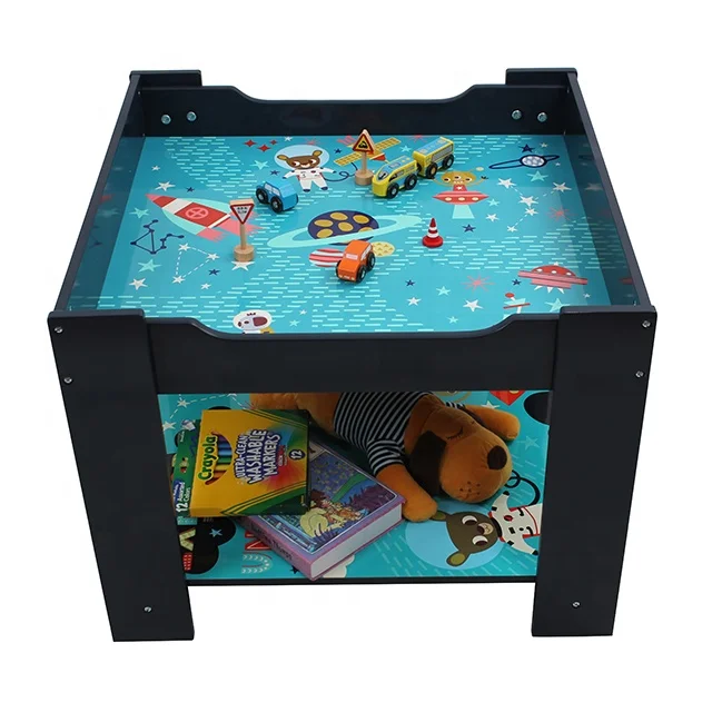 Kids Table and Chair Set Double Side Tabletop with Storage Box Wooden Children Activity Desk