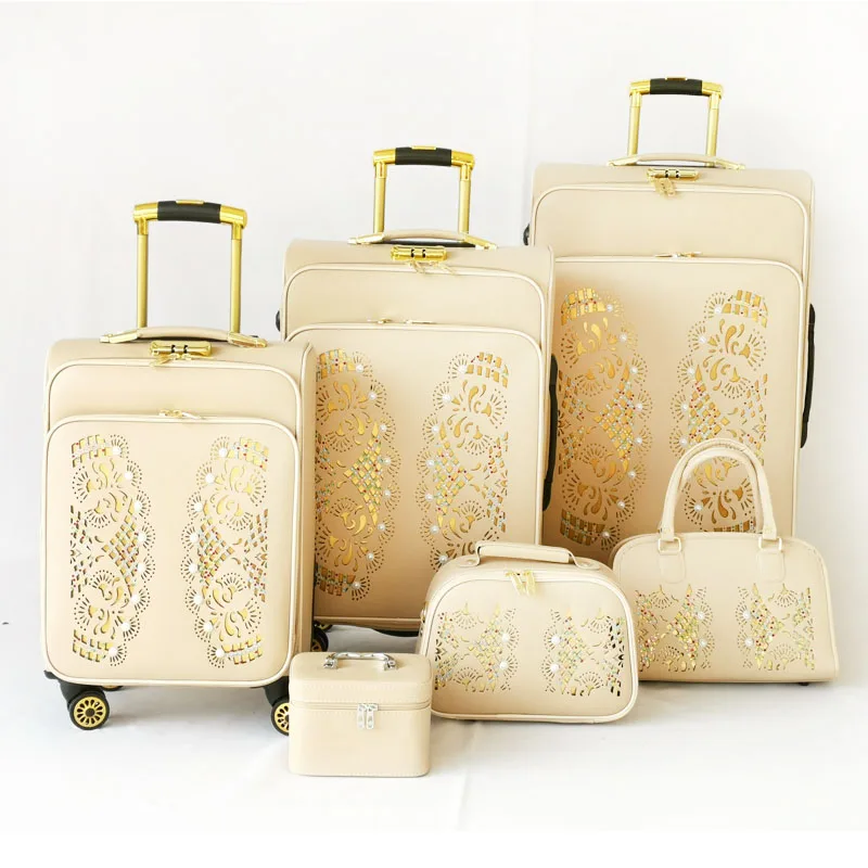 6 pcs set pvc leather trolley bags valise on wheels tote bag cosmetic roller luggage bag