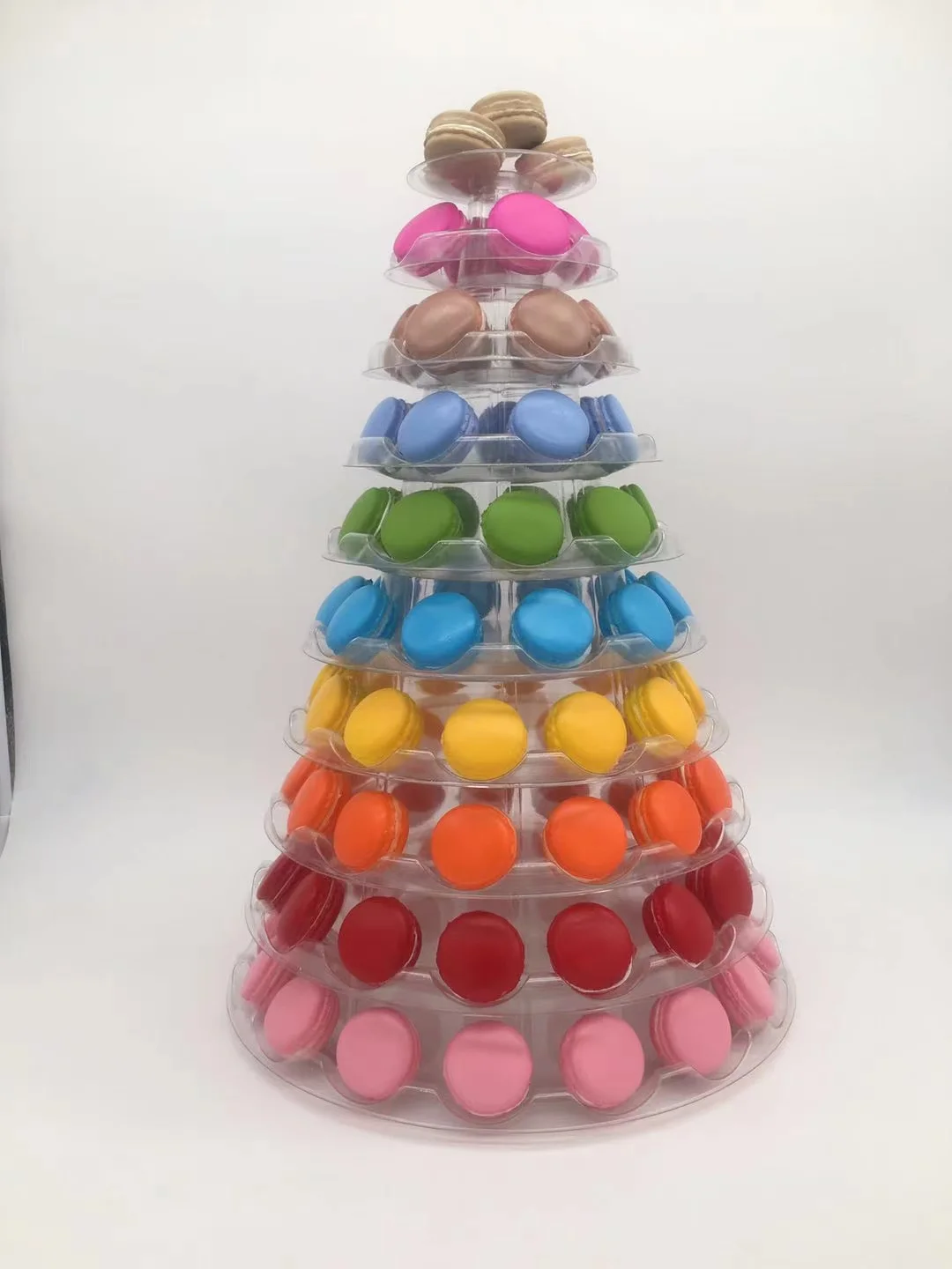Hot-selling ready stock 10-layer food-grade PET plastic round Macaron display stand.