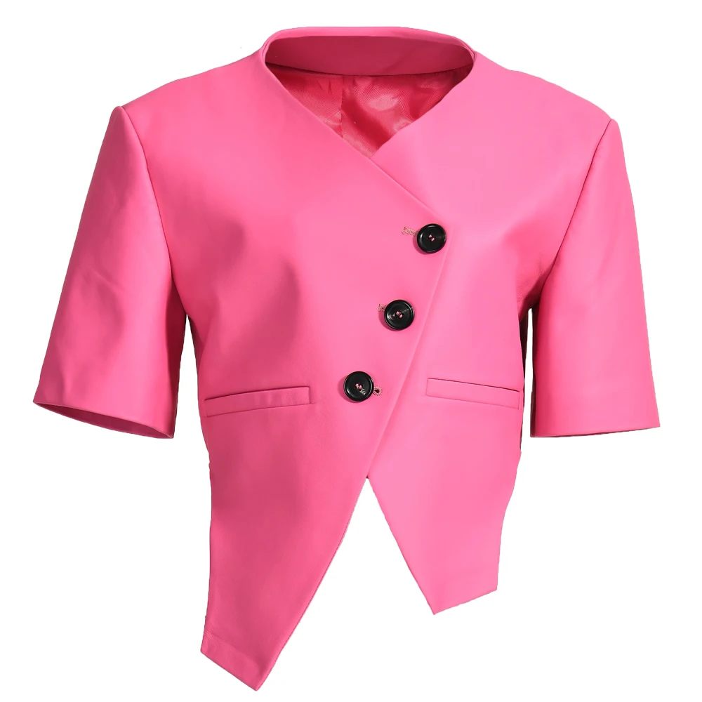 Spring Autumn Hot Sale High Quality Half Sleeve  Irregular Leather Jacket Latest Design Genuine Leather Jacket Women