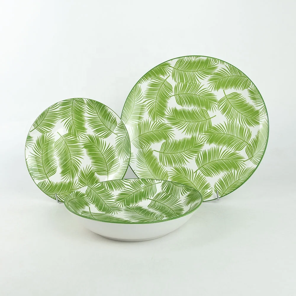 Porcelain Dinner set in pad printing, Natural Leaf Graphic, Tropical green plants, 12/18/24pcs dinnerware set