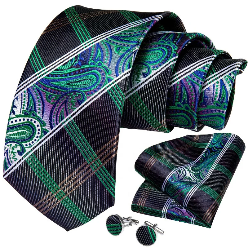 Classic Black Green Jacquard check Silk Tie Set for Men