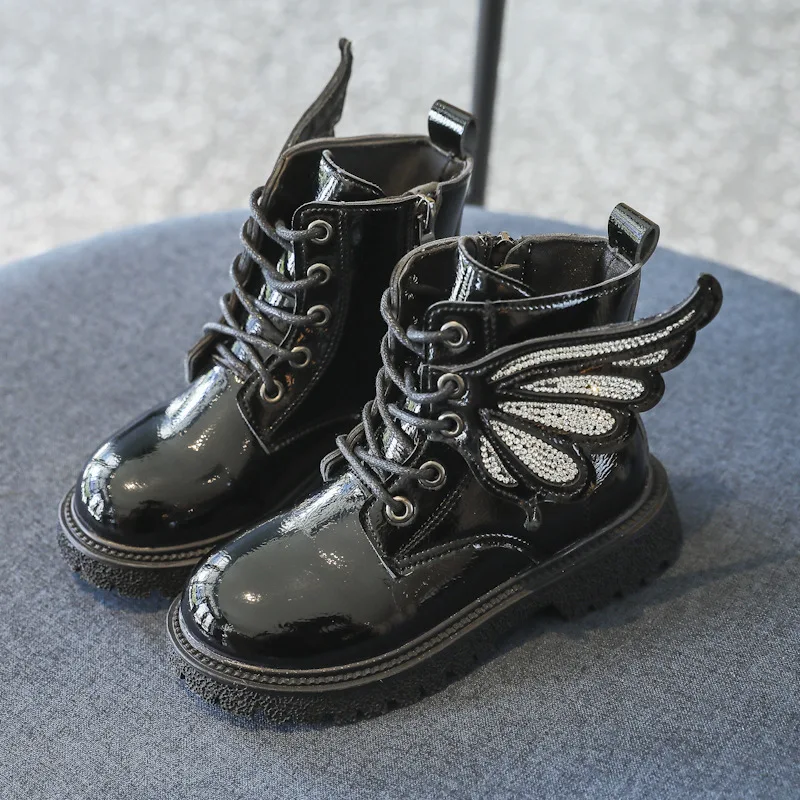 Children Shoes Fashion Black Patent Leather Toddler Girls Kids Wing Boots