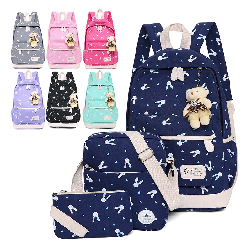 Factory direct sale eco-friendly smell free custom OEM colorful canvas girl lady school laptop 3 pcs in 1 backpack set