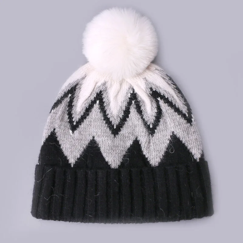 Winter Women Mixed Color Cuff Beanie Faux Fur Pompon Cute Knitted Stripe Patterned Wool Ski Cap Warm Custom Beanie Hat