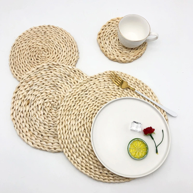 Round Woven Placemats Natural Water Hyacinth PlaceMats Round Corn Husk Weave Placemat Braided Rattan Tablemats for Dining Table