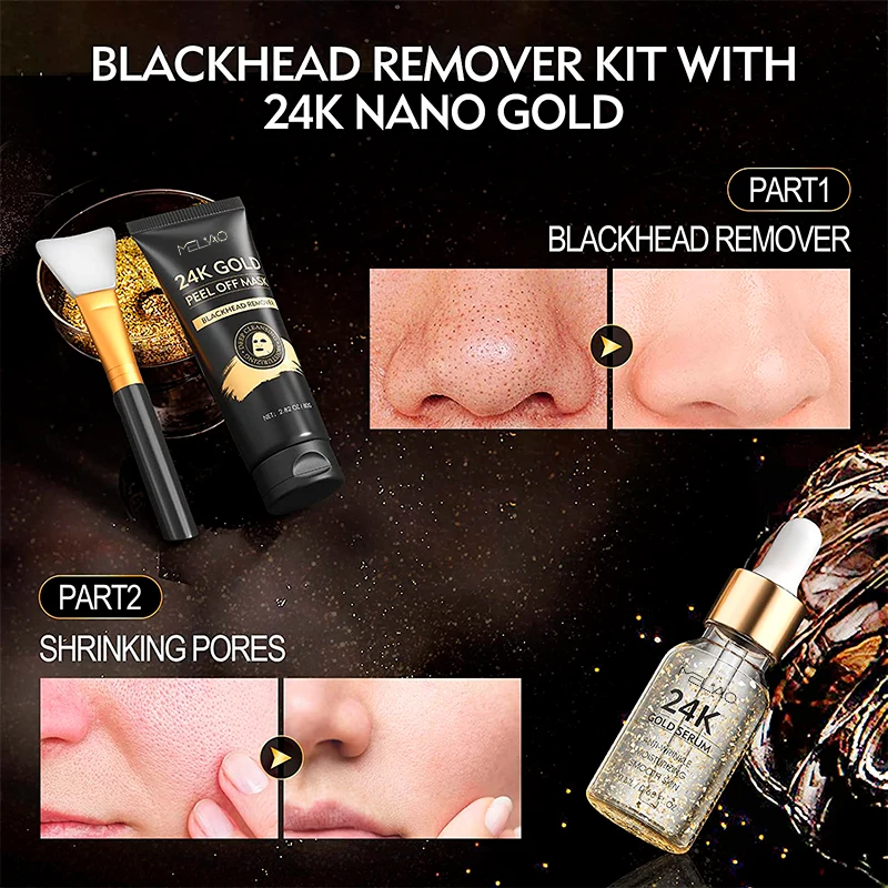 24K Gold Deep Cleansing Diets Pores Oily Peeling Mask Blackhead Remover Peel Off Face Mask with Brush Serum
