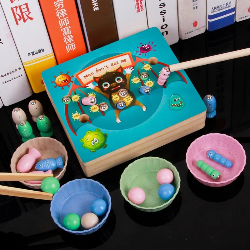 3 в 1 мультяшный принт летучая мышь цветной познавательный зажим бусины игрушка магнитная палочка поймать червя Рыба игрушки для детей