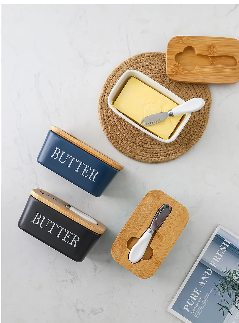Personalized Custom Ceramic Butter Box Rectangle With Wooden Cover With Knife Home Restaurant Sealed Storage Box Butter Dish