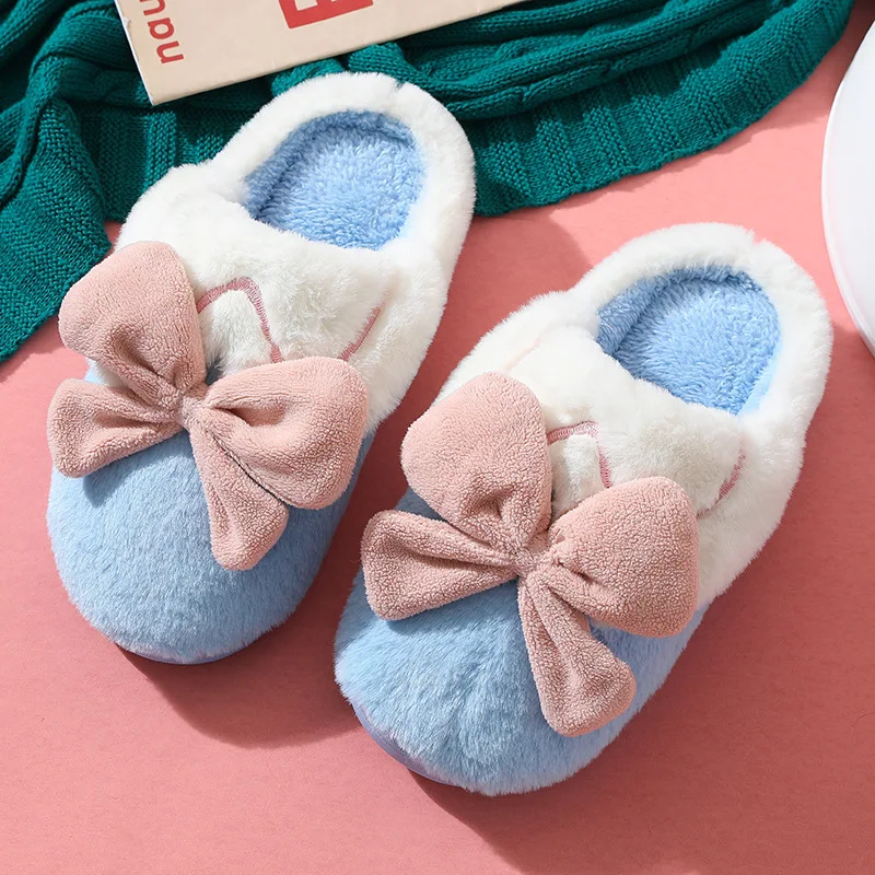 Warm Winter  women Home Slippers Indoor Funny Plush ladies Slides Casual Cute  Soft cartoon girl Floor bowknot cotton slippers