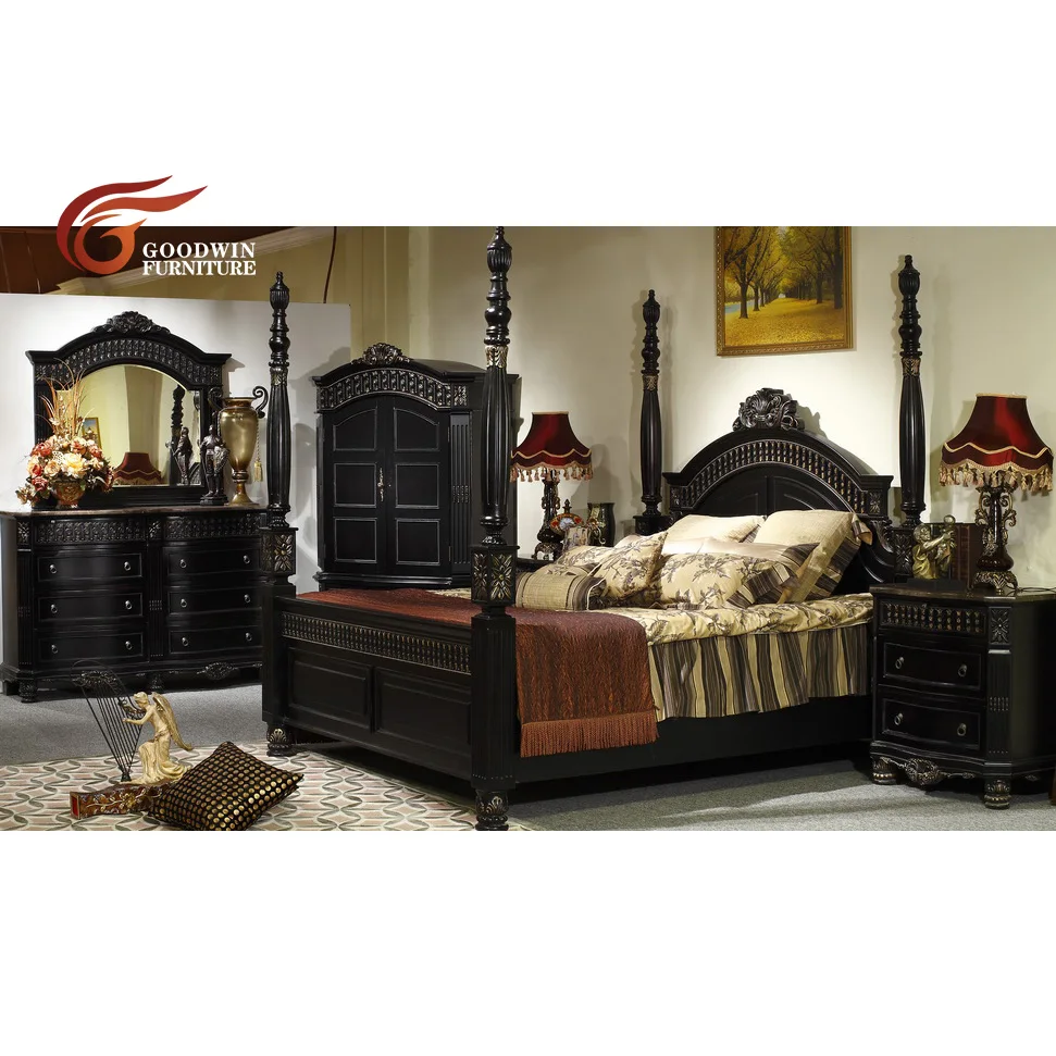 Hot selling middle east style black bedroom furniture, black hand carved antique bedroom furniture,arabic style bedroom (WA133)